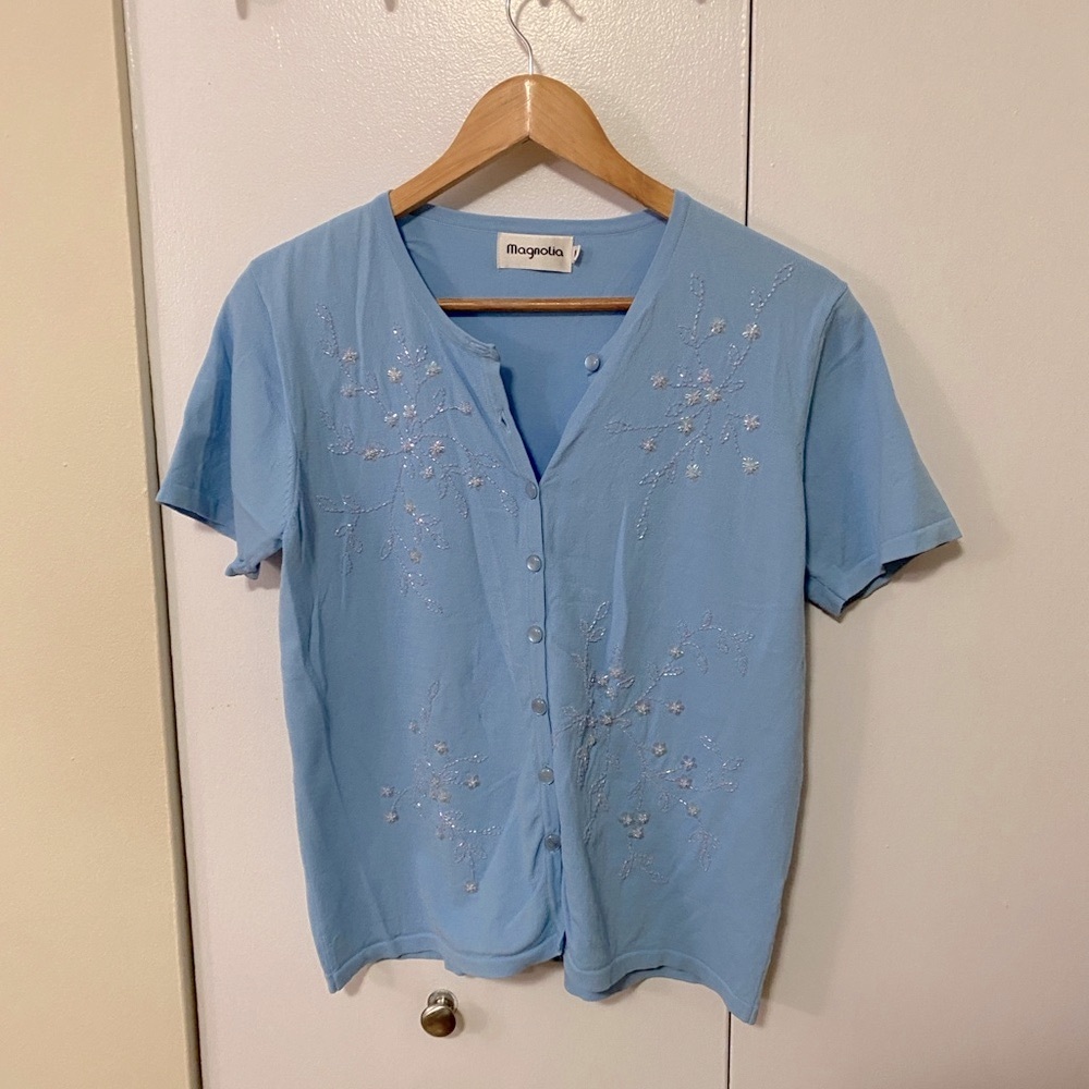 Magnolia Light Blue Beaded Sequin Floral Button Down Shirt